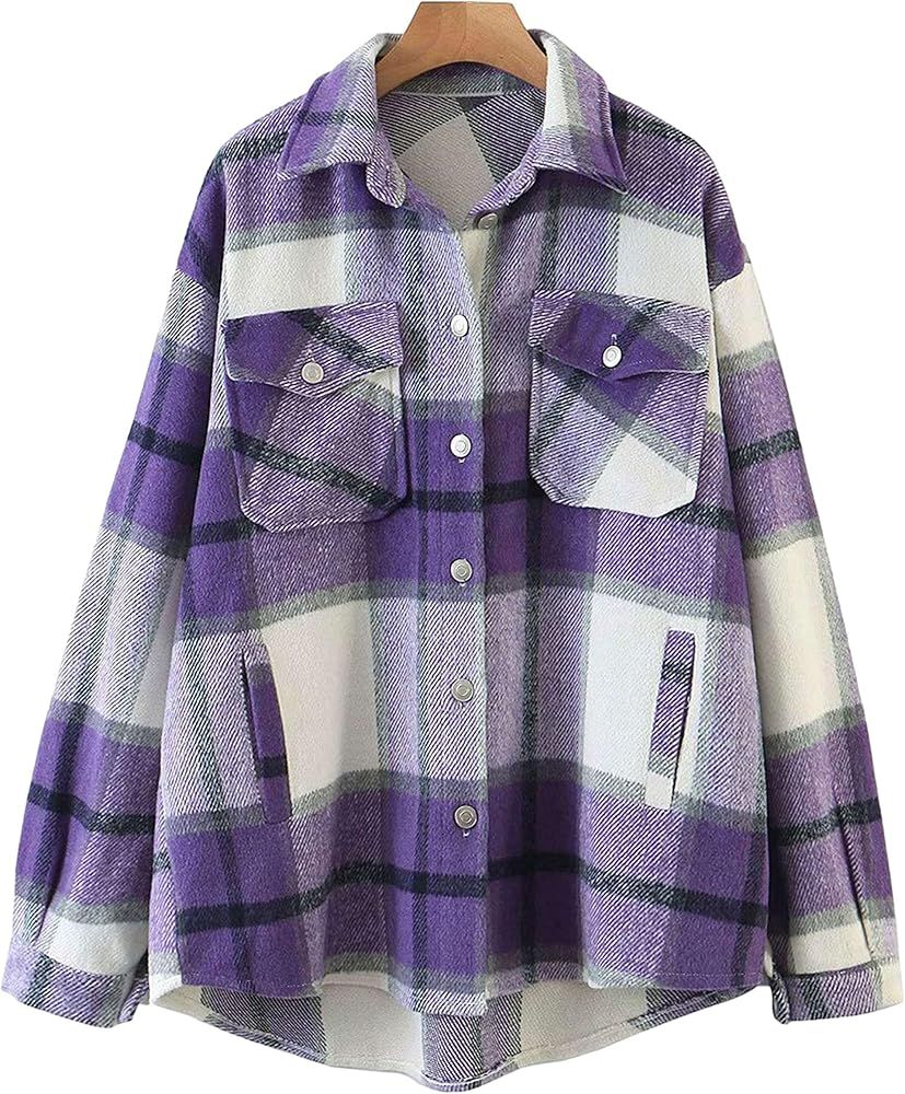 Tanming Womens Wool Blend Plaid Lapel Button Short Pocketed Shacket Shirts Coats | Amazon (US)