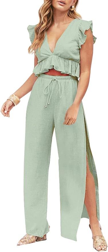 Amazon.com: FANCYINN Womens Two Pieces Outfits Deep V Neck Crop Top Side Slit Drawstring Wide Leg... | Amazon (US)