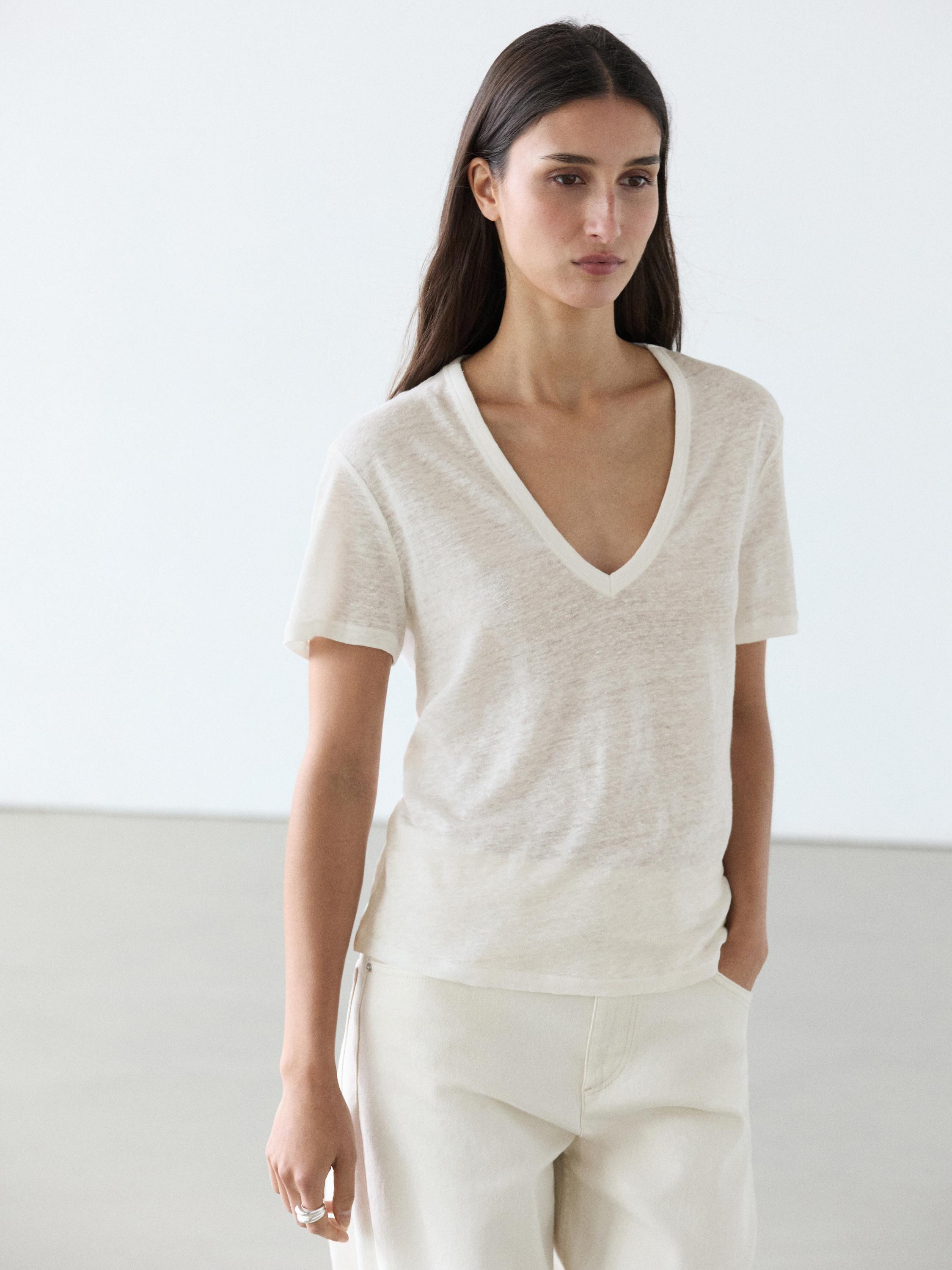 Linen V-neck T-shirt | Massimo Dutti UK