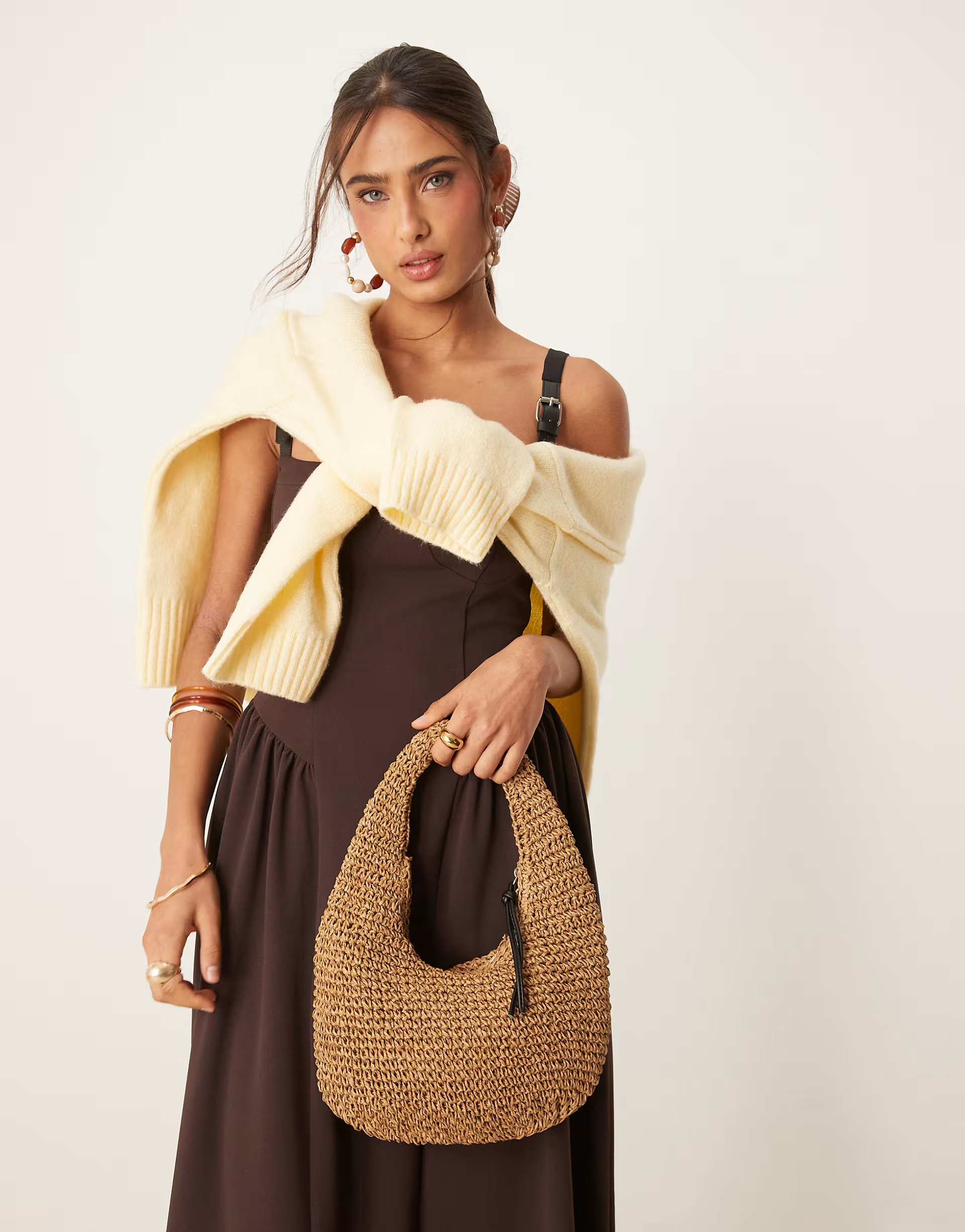 ASOS DESIGN hand crochet straw shoulder bag in brown | ASOS | ASOS (Global)