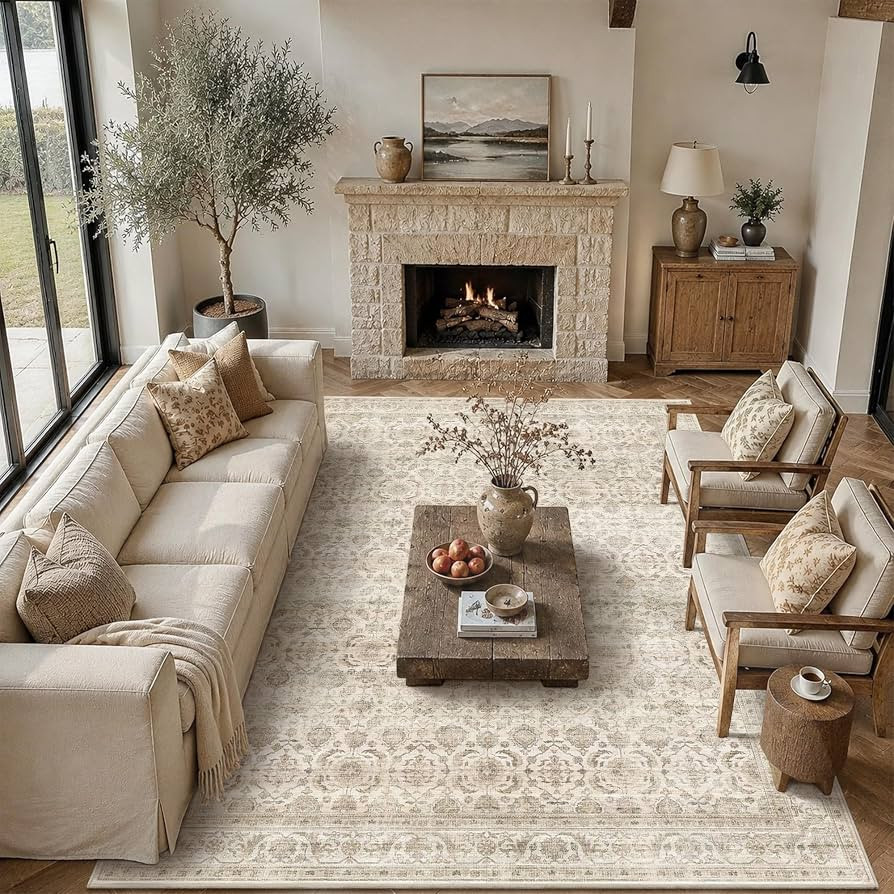 8x10 Washable Beige Vintage Farmhouse Area Rug, Non Slip Soft Low Pile Neutral Cream Floral Carpe... | Amazon (US)
