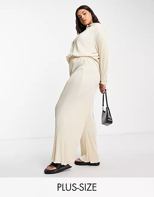 The Frolic Plus relaxed straight leg pants in oatmeal plisse - part of a set | ASOS (Global)