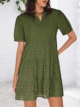 Womens Summer Eyelet Dresses 2026 Casual Babydoll Swing V Neck Short Sleeve Hollow Out Lace Tunic... | Amazon (US)