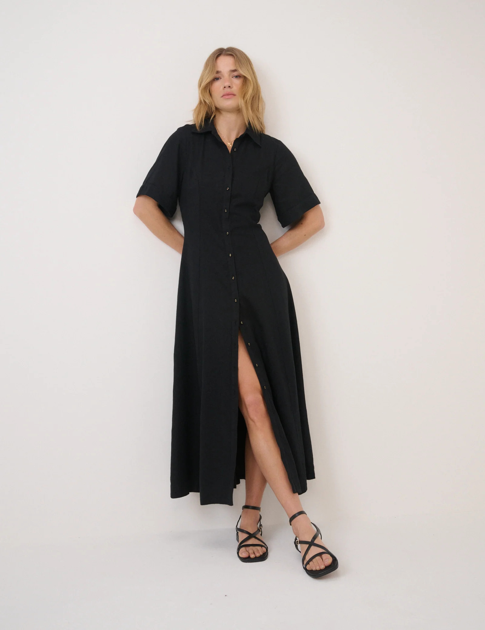 Black Short Sleeve Linen-Blend Dillon Shirt Dress | Nobody's Child