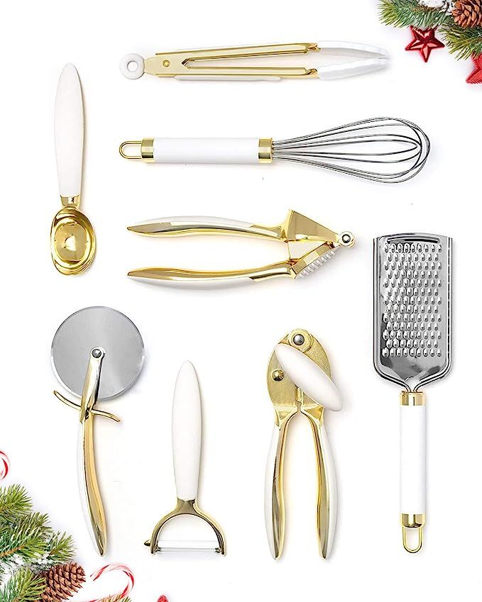 White & Gold Kitchen Tools and Gadgets - Luxe 8PC Cooking Tools and Gadgets with Anti-Slip Handle... | Amazon (US)