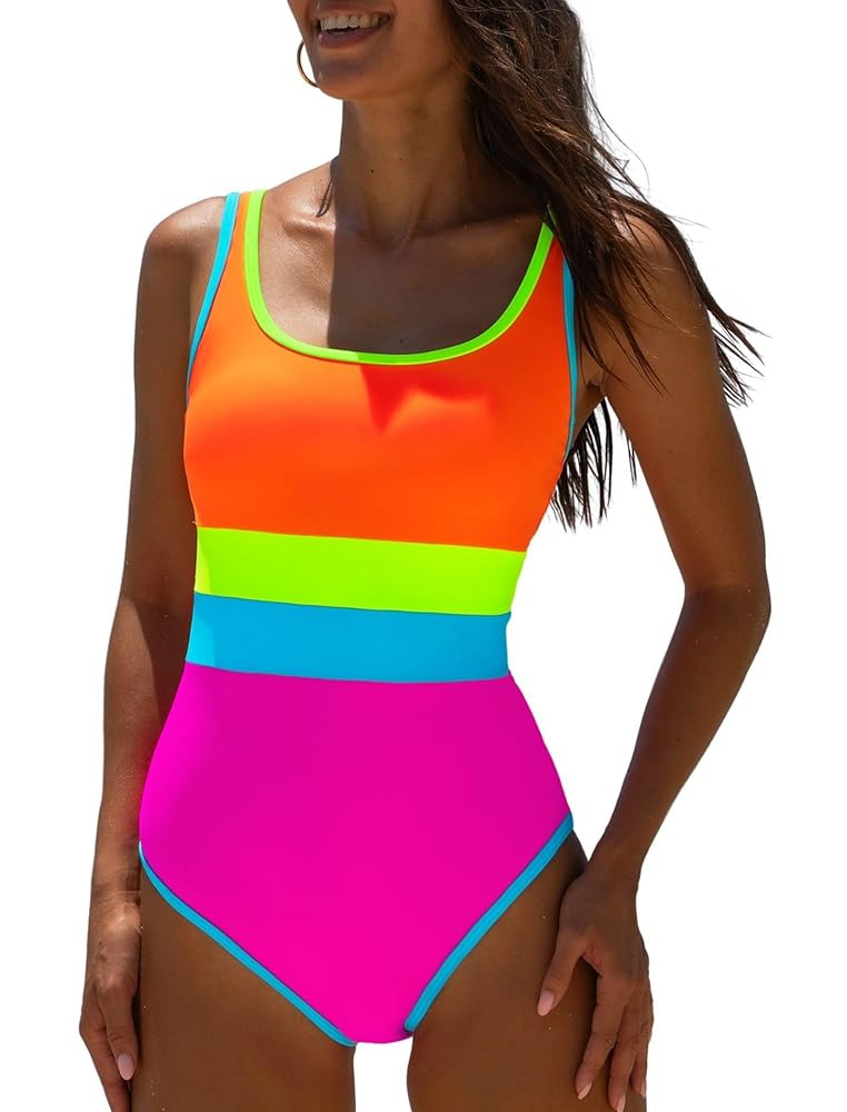 popvil Women's One Piece Swimsuits 2025 Tummy Control -Slimming Bathing Suit Neon 1 Piece Beach O... | Amazon (US)