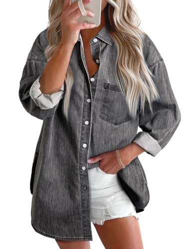 Astylish Women's Western Denim Shacket V Neck Button Down Chambray Shirt Oversized Long Sleeve Blouse Travel Top Light Grey X-Large | Amazon (US)