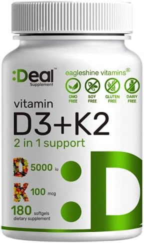 Vitamin D3 K2 Softgel, 180 Counts, 2-1 Complex, Vitamin D3 5000 IU & Vitamin K2 MK7 MK4, Promotes He | Amazon (US)