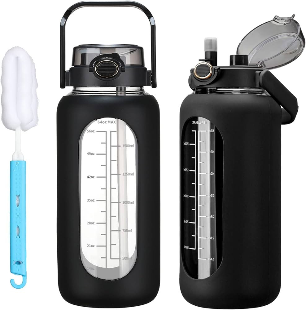 chunmo 64oz Glass Water Bolttles with Straw Half Gallon Large Motivational Water Bottle with Time... | Amazon (US)