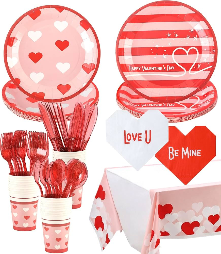 Valentines Day Plates and Napkins Sets - Serves 16 - Includes Paper Cups Cutlery for Valentine De... | Amazon (US)