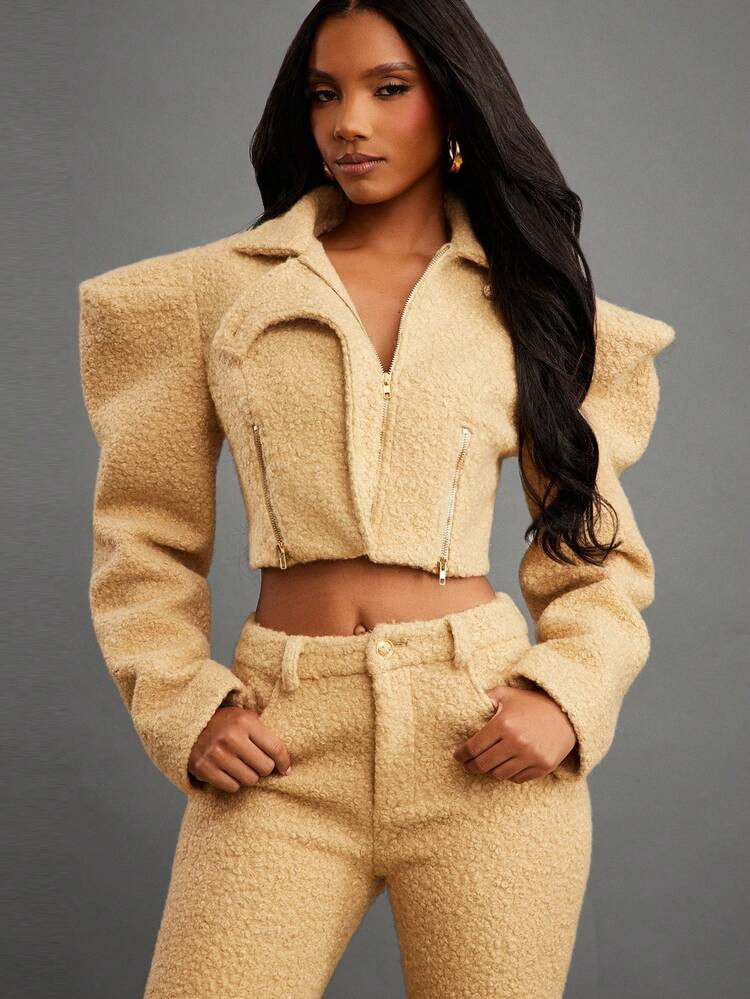 NYA SZN Amala Jacket Outerwear Collar Zip Up Fitted Cropped Faux Fur Pocket Detail Winter Spring Valentines Day Party Going Out Fuzzy Cool Girl Cream Tan Luxury Elegant Streetwear Carnival Outfits For Women | SHEIN