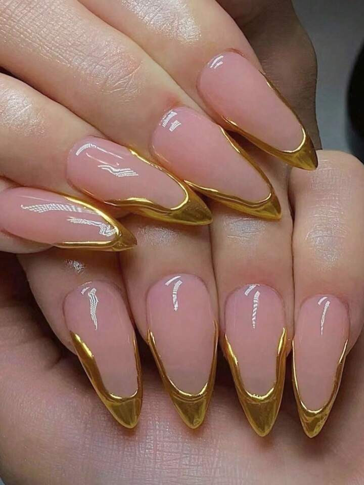 10pcs Handmade Asymmetrical Metal Gold French Tip Nail Stickers, High-End Elegant Design Press On Nails | SHEIN