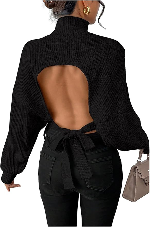 GORGLITTER Women's Open Back Sweater Cropped Backless Bow Long Sleeve Mock Neck Pullover Top Fall... | Amazon (US)