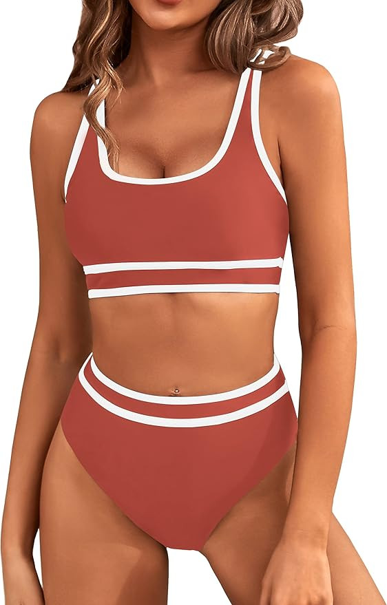 BMJL Women's High Waisted Bikini Sets Sporty Two Piece Swimsuits Color Block Cheeky High Cut Bath... | Amazon (US)