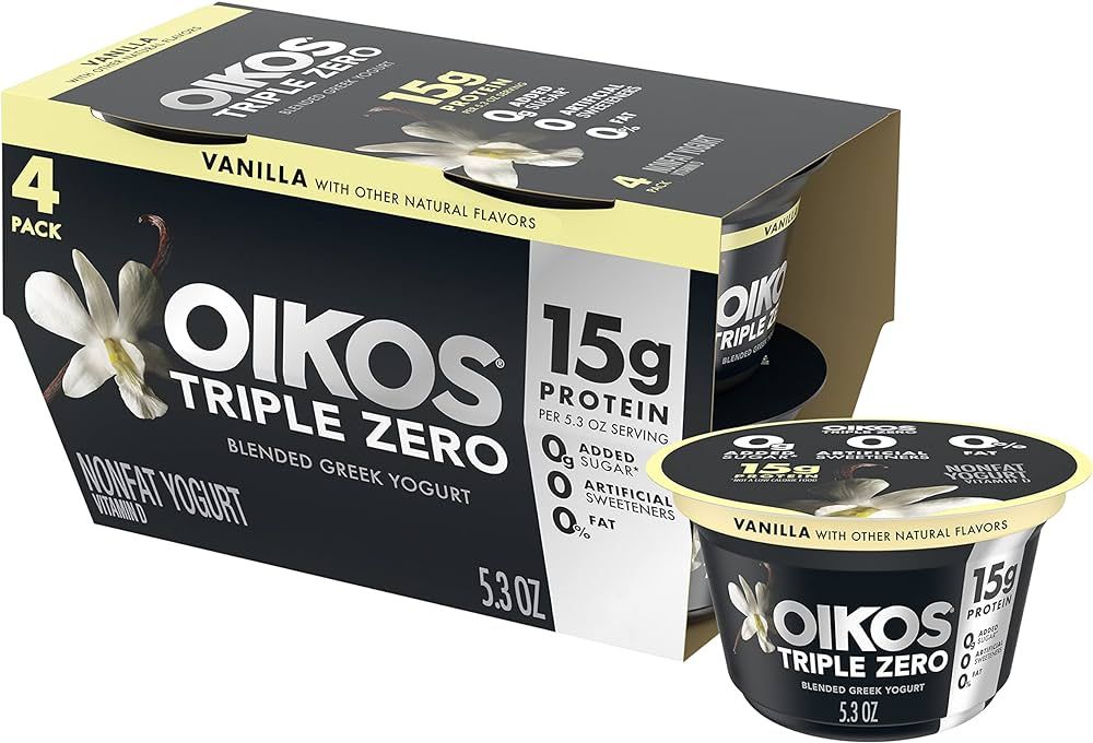 Oikos Triple Zero Vanilla Nonfat Greek Yogurt Pack, 0% Fat, 0g Added Sugar and 0 Artificial Sweet... | Amazon (US)