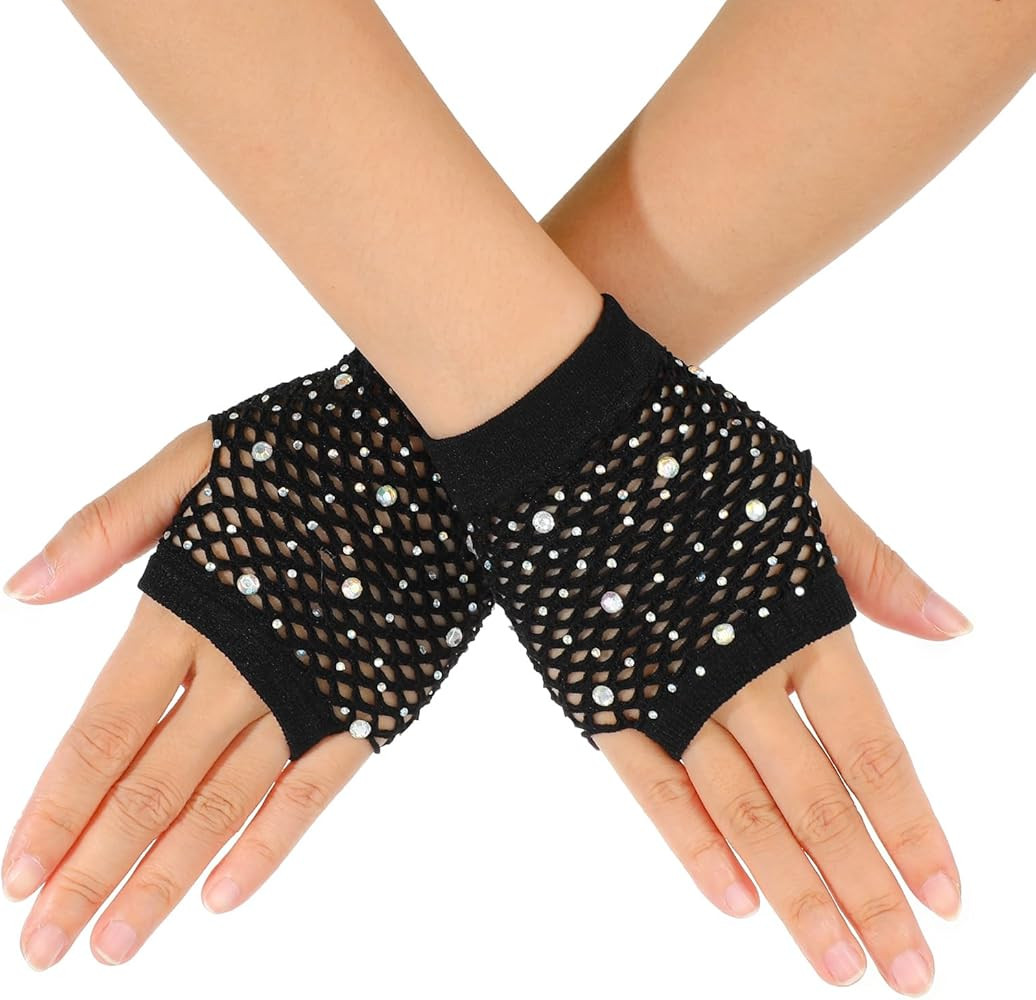 Lusofie Rhinestone Fishnet Gloves for Women Girls Short Mesh Fingerless Gloves for 80s Party Cosp... | Amazon (US)