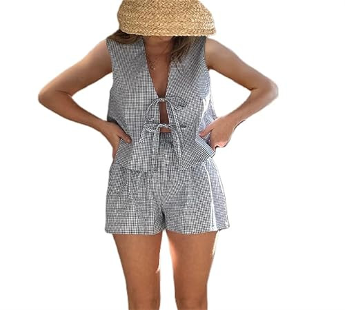 Thopavenoir Women Y2k Summer Set 2 Piece Loungewear Set Sleeveless Tie Front Tank Top Vest Baggy Shorts Pj Set Vacation Set (Dark Blue, L) | Amazon (US)