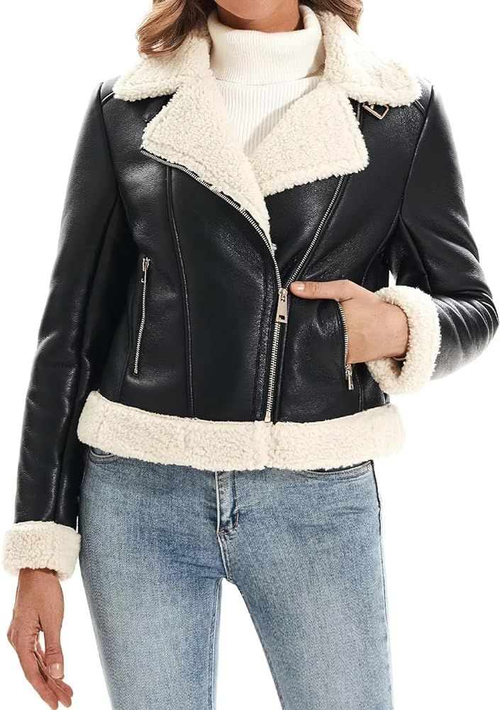 DIASHINY Women's Faux Shearing Fur Winter Coat Warm Thick Fur Lined Faux Leather Jacket | Amazon (US)