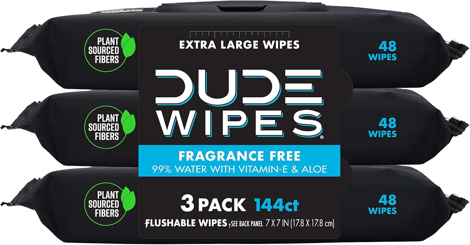 DUDE Wipes Flushable Wipes - 3 Pack, 144 Wipes - Unscented Wet Wipes with Vitamin-E & Aloe for at... | Amazon (US)