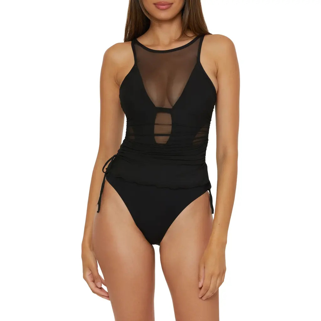 Becca Muse Cinched Mesh One-Piece Swimsuit in Black at Nordstrom, Size Medium | Nordstrom