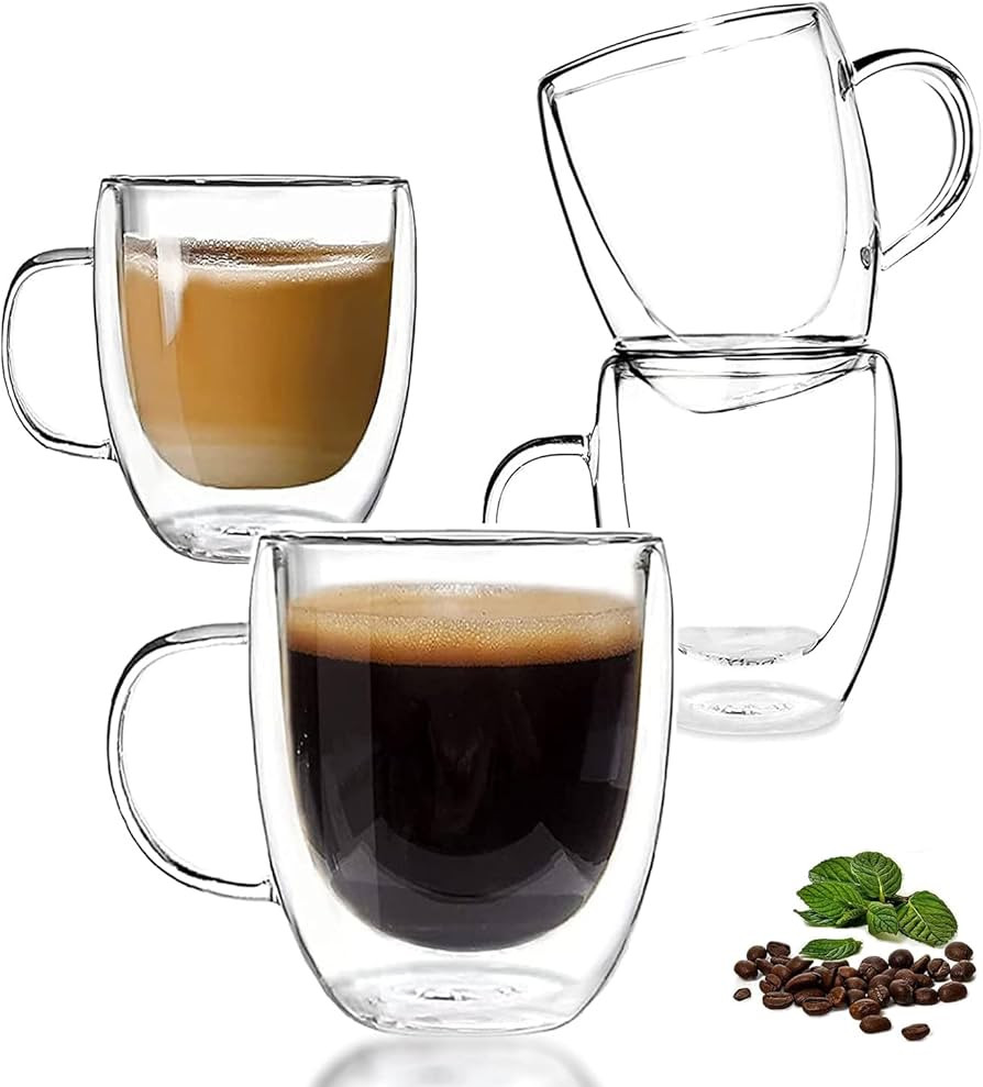 Double Walled Glass Coffee Mugs, Set of 4 Clear Glass Coffee Mugs with Handle, 350ML Glass Tea Cu... | Amazon (UK)