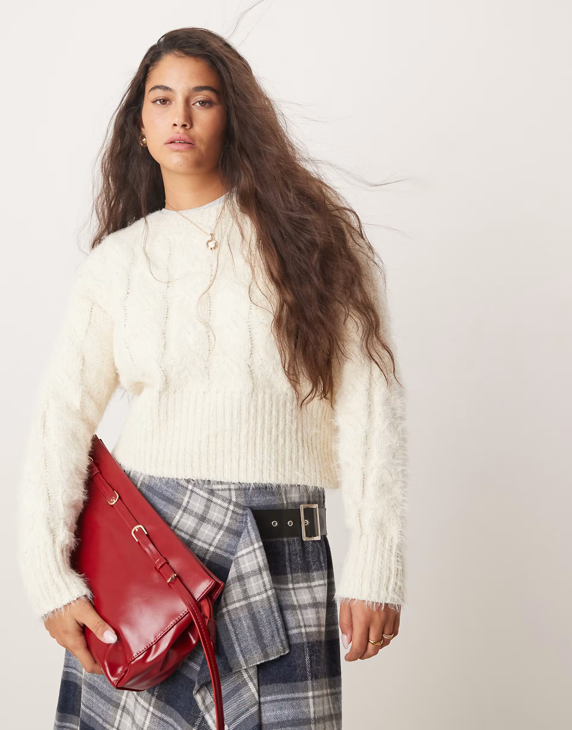 Vila cropped fluffy cable knit jumper in cream | ASOS (Global)