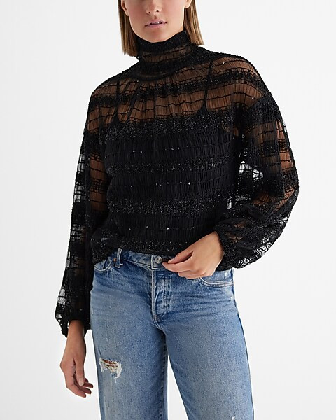 Skimming Mesh Pleated Mock Neck Balloon Sleeve Top | Express