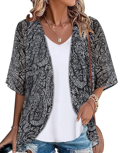 Women's Kimono Beach Coverups Sheer Chiffon Cardigan Casual Loose Open Front Blouse Tops Hawaiian Shirts(Boho Black, L) | Amazon (US)