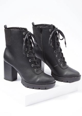 Black Faux Leather Lace Up Heeled Boots | rue21