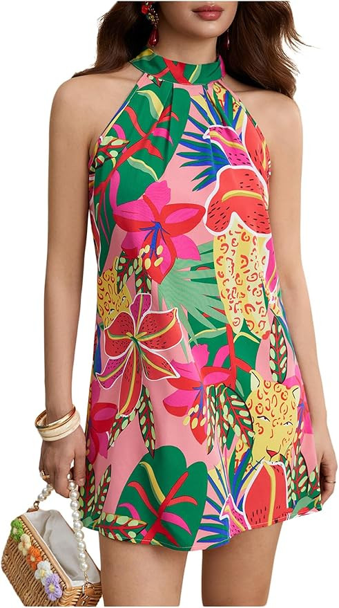 Floerns Women's Sleeveless Floral Print Sundress Halter Neck A Line Short Dress | Amazon (US)