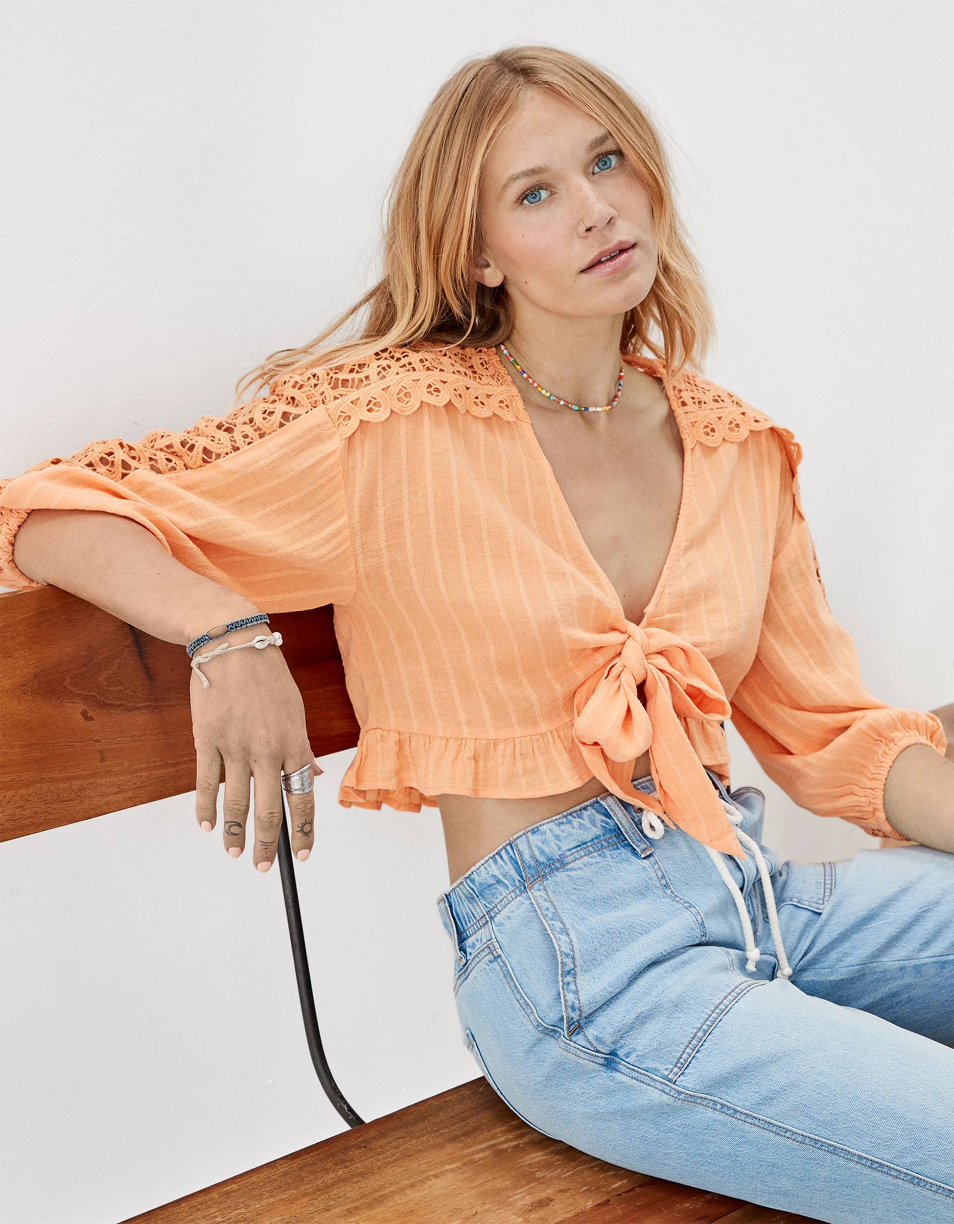 AE V-Neck Lace Tie-Front Blouse | American Eagle Outfitters (US & CA)