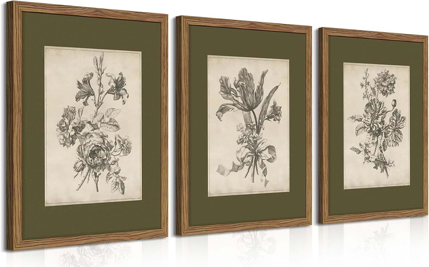 Vintage Floral Wall Art Set of 3, Sketch Sage Green Botanical Canvas Wall Decor Paintings, Retro Minimalist Flower Artwork Posters Prints Pictures for Living Room Bedroom Bathroom 12x16 Inch Framed | Amazon (US)