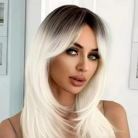 Creamily 14 Short Blonde Wigs for Women Synthetic Platinum Blonde Wig Short Bob Wigs with Bangs White Wigs with Dark Root | Walmart (US)