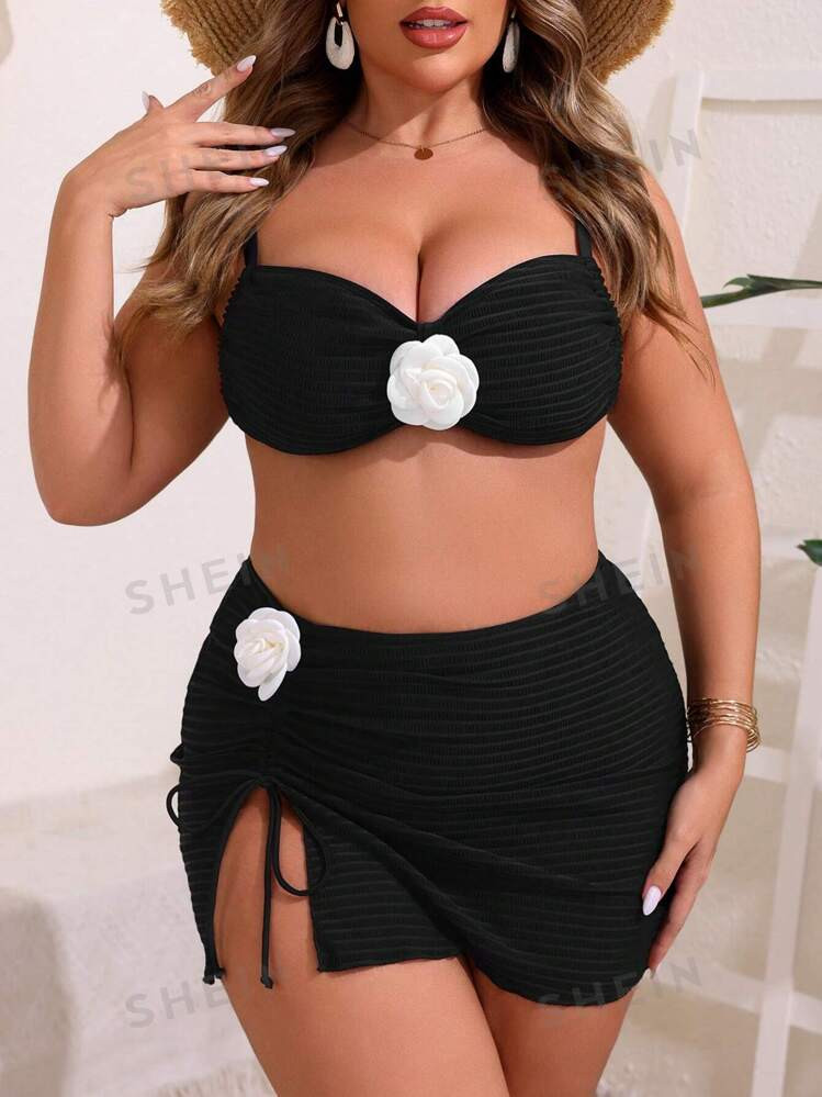 Plus Size Women's Stylish 3D Camellia Bikini Set | SHEIN