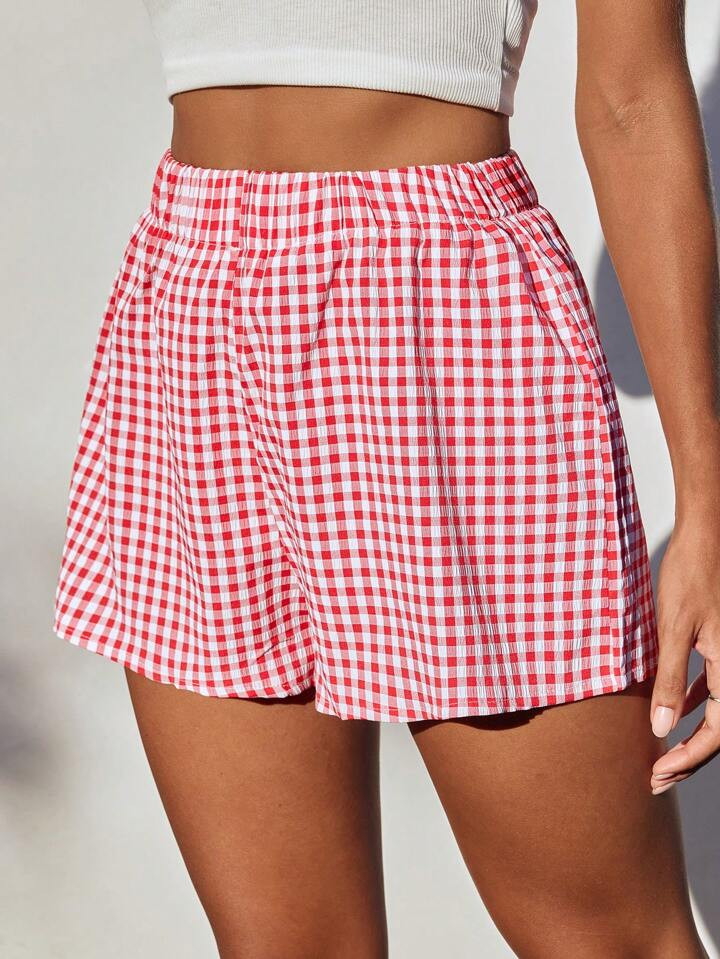 SHEIN EZwear Women Fashionable Everyday Red Plaid Shorts | SHEIN