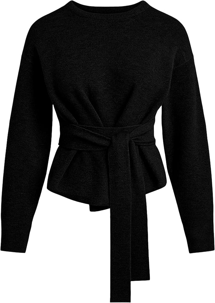 Yeokou Women Tie Front Sweater Soft Loose Long Sleeve Crew Neck Belt Knit Pullover Top Office Dre... | Amazon (US)