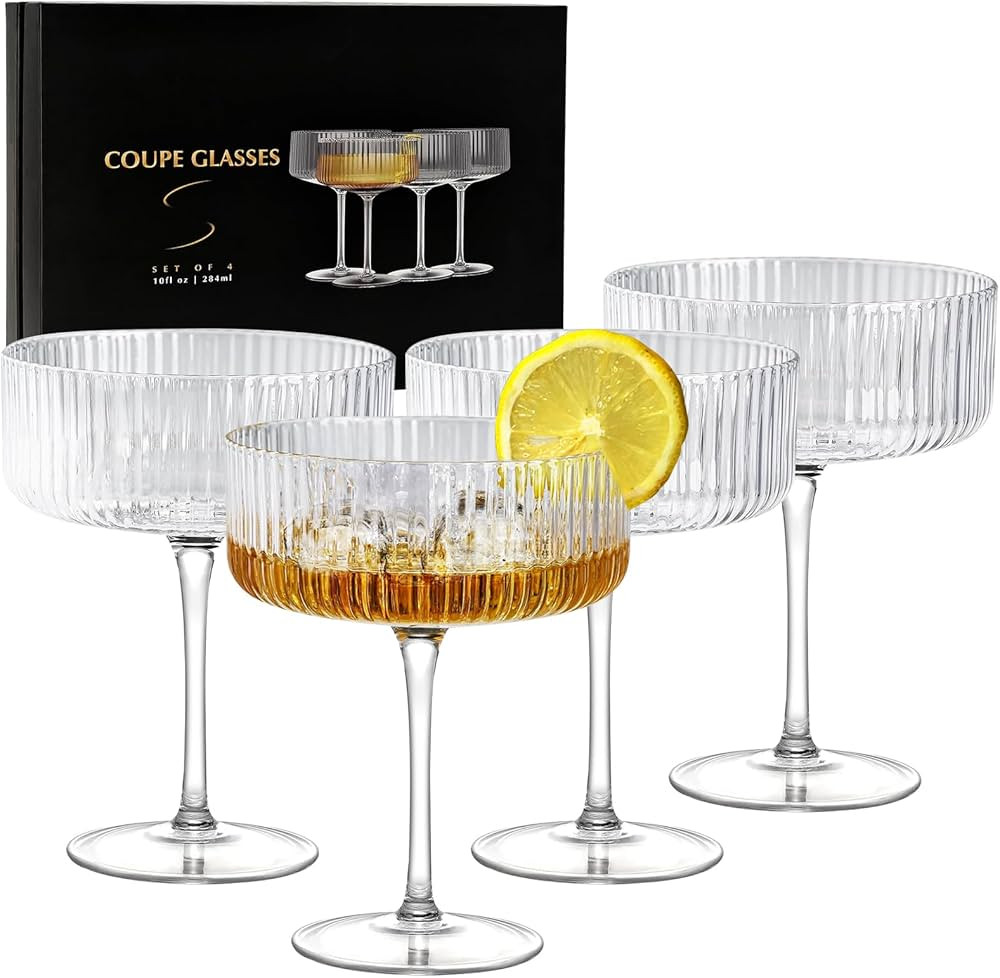 Coupe Glasses Set of 4, 10 oz Ribbed Martini Glasses, Hand Blown Cocktail Glasses, Bar Drinking G... | Amazon (US)