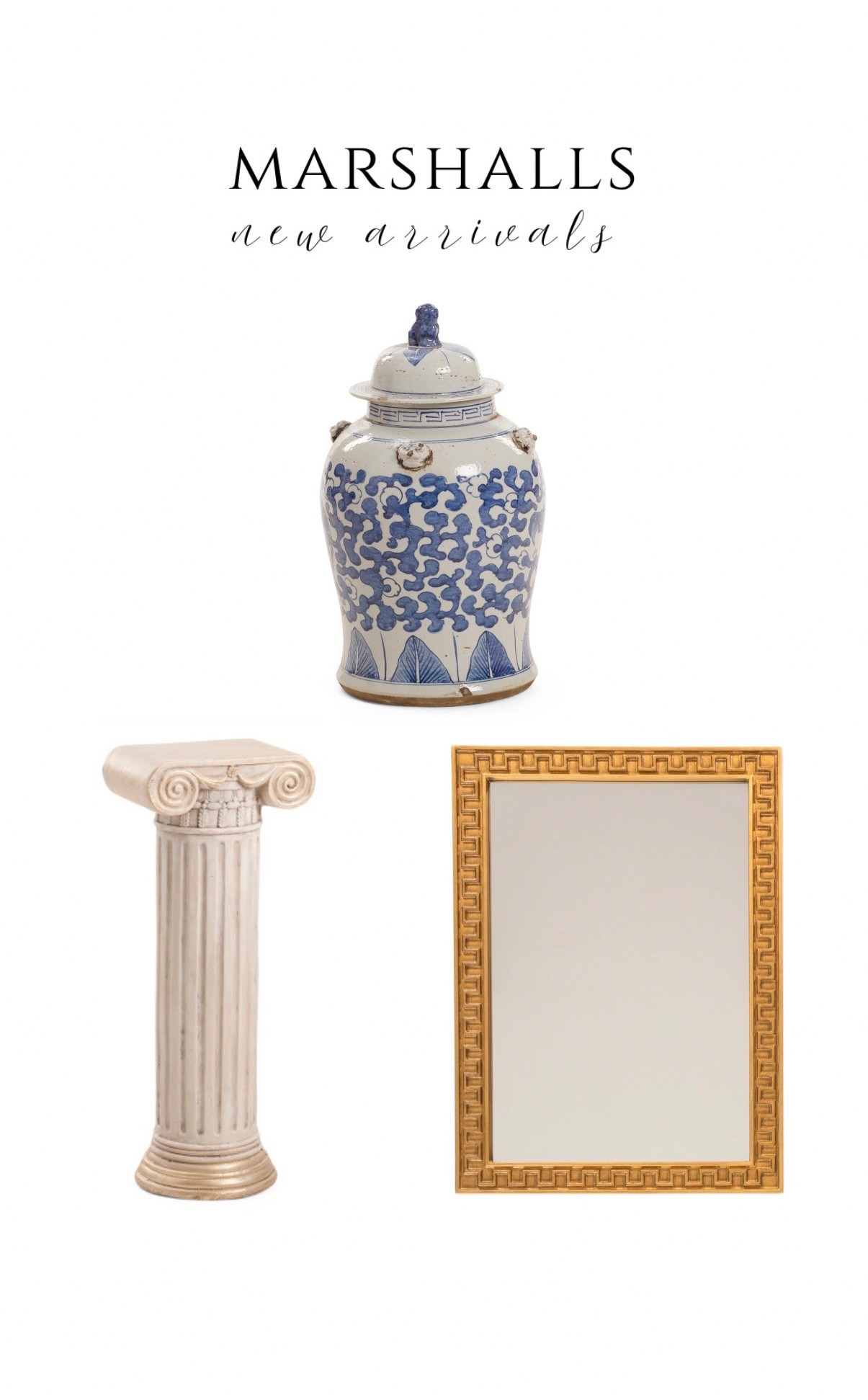 New @Marshalls finds 💙 ginger jar pedestal stand Greek key mirror traditional decor home decor deals sale blue and white Marshalls tjmaxx homegoods