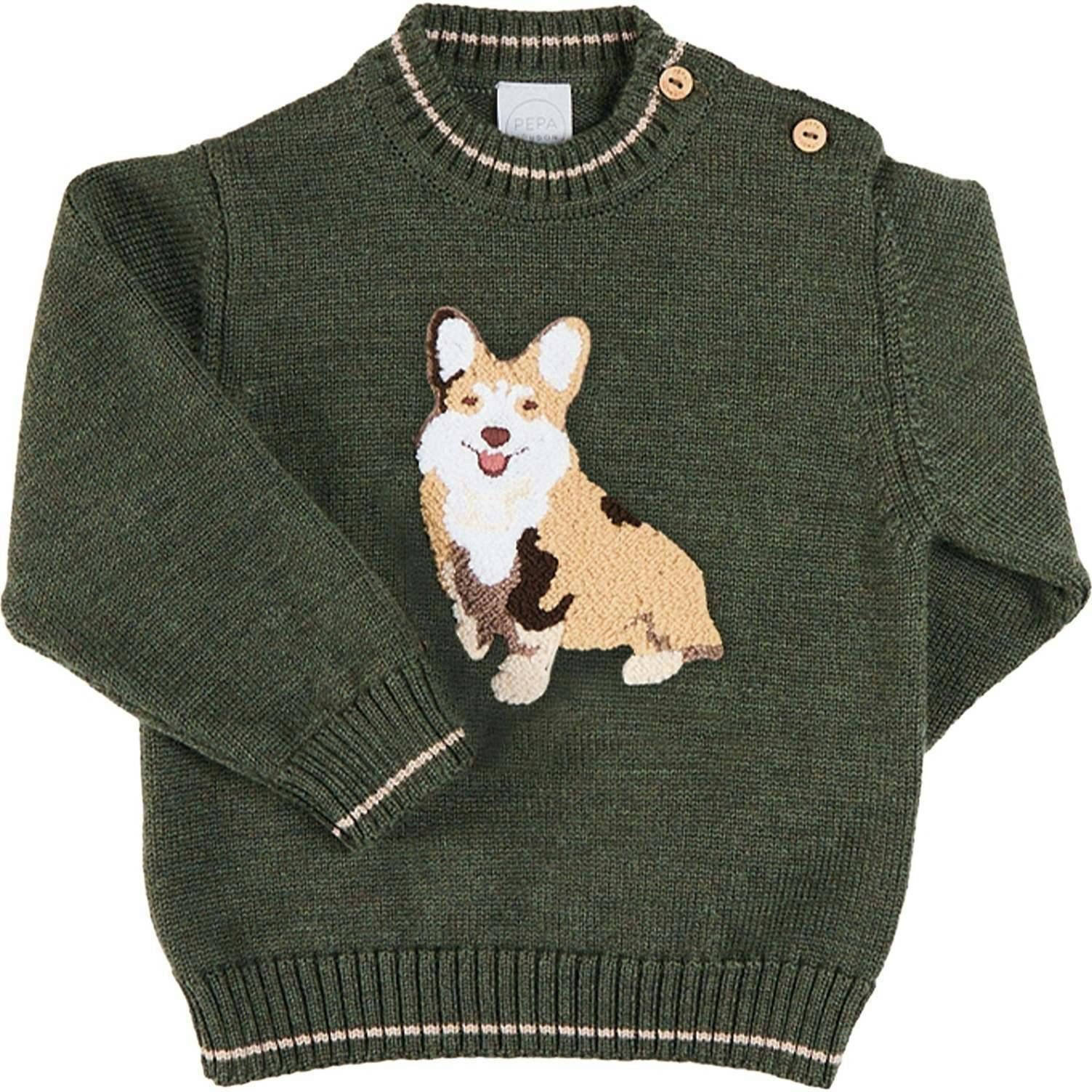 Corgi Embroidered Button Detail Jumper in Green (18mths-10yrs) Green / 2y | Maisonette