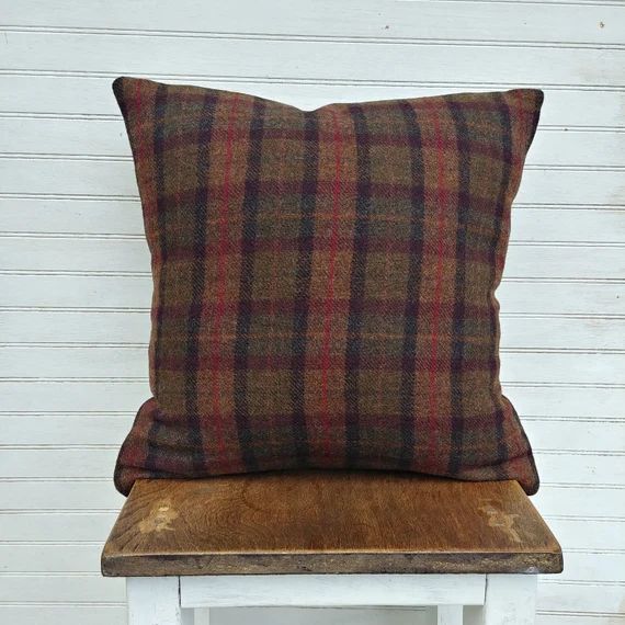 Reserved* Wool Plaid Pillow Cover in Fall Colours, Deep olive, brown and mustard tartan cushion c... | Etsy (US)