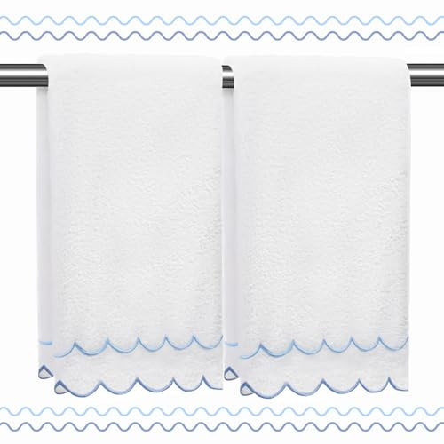 RRBXIA 100% Cotton Hand Towels for Bathroom 2 Pcs Scalloped Hand Towels 16 * 27 Inch Embroidered Decorative 500 GSM Soft Absorbent Bath Towel for Spa Yoga Hotel Sport (Blue) | Amazon (US)
