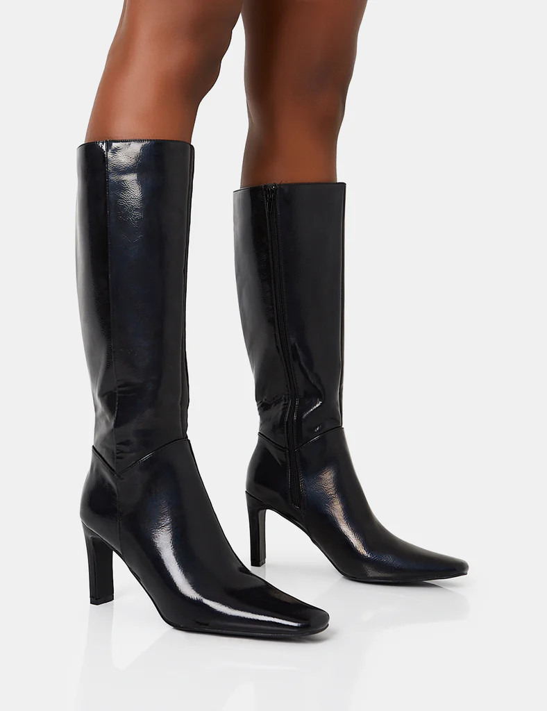 Pose Black Textured Pu Zip Up Knee High Slim Block Heeled Boots | Public Desire