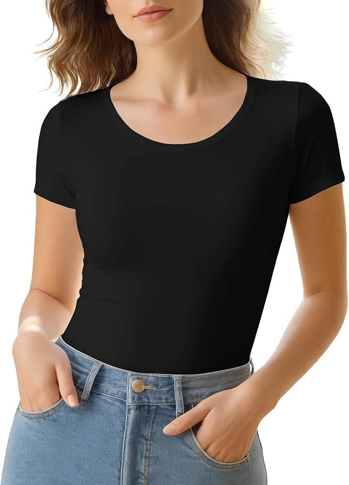 Womens T-Shirt Scoop Neck, Womens Tee Shirt Tops Short Sleeve Slim Fit, Cropped Top Stretchy | Amazon (US)