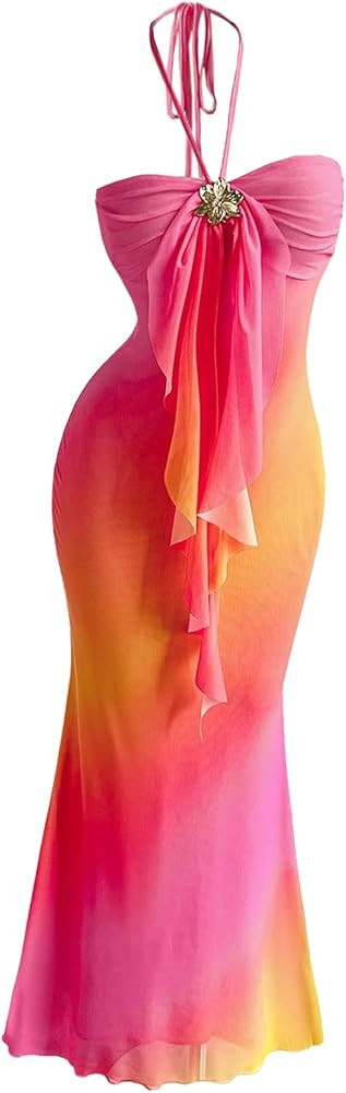 GORGLITTER Women's Metallic Floral Ombre Cocktail Maxi Dresses Halter Sunset Fishtail Bodycon Lon... | Amazon (US)