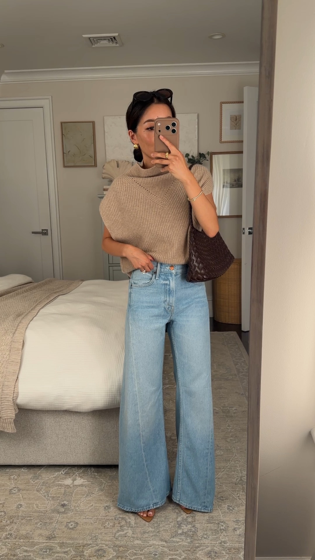 Size down! • Mother size 23 Petite in “munchies” wash (loose fit so I sized down)
• Cashmere poncho sweater vest xxs looser fit worn with neiwai bra or cami 
• Woven shoulder bag  
• Mango sandal heels 5 

Petite friendly jeans, petite fashion, transitional outfit

#LTKPetite #LTKootd #LTKmomlife