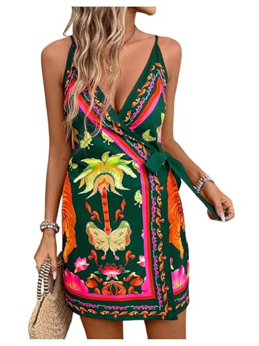 Women's Tropical Print Cami Dress Sleeveless Wrap V Neck Tie Knot Boho Short Dresses | Amazon (US)