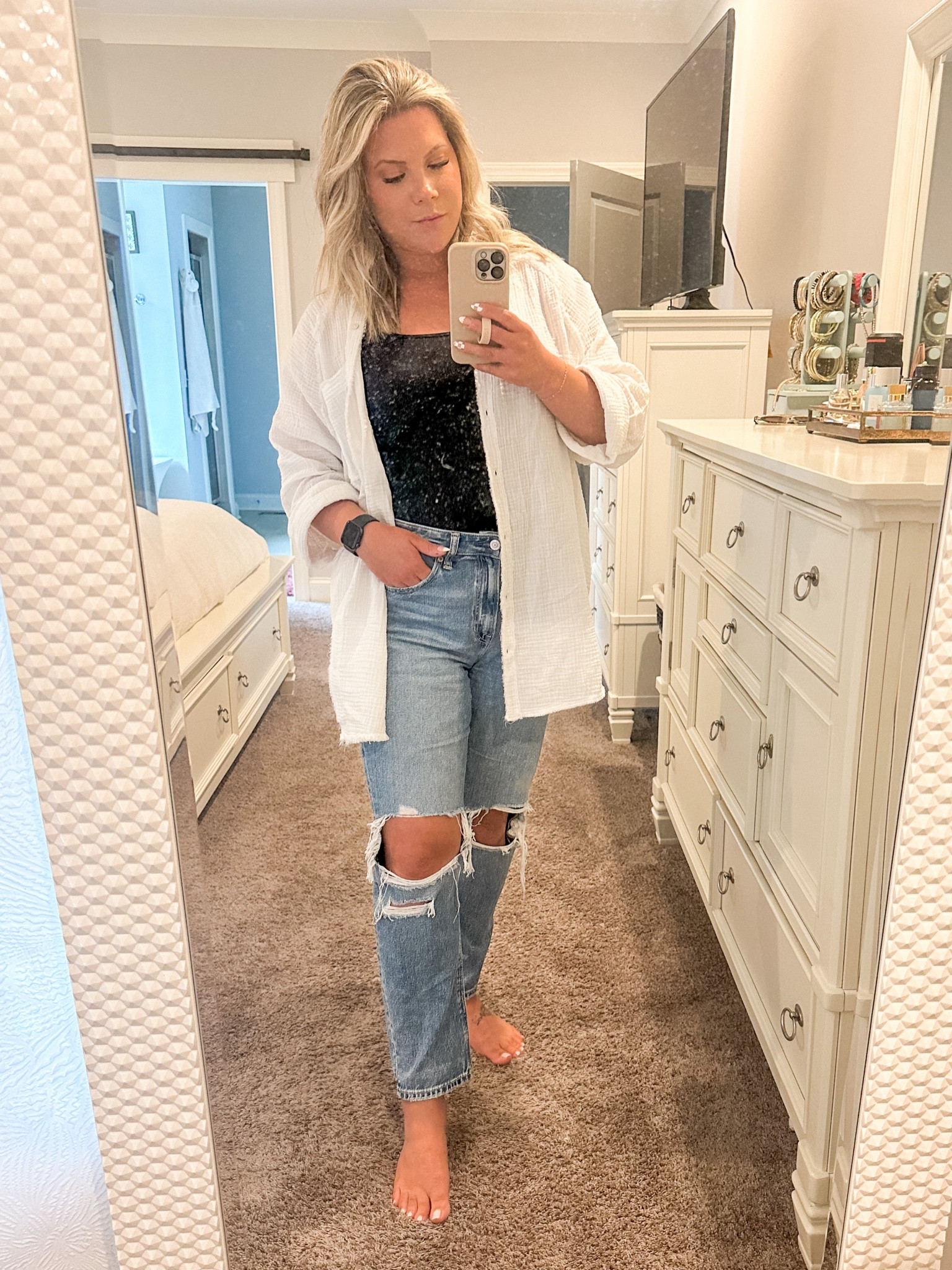 Summer mom uniform - these mom jeans are incredible! Body suits are a staple for anyone’s wardrobe and the button down is so versatile and comes in so many colors! Everything I’m wearing is on sale! 

#LTKstyletip #LTKunder100 #LTKFind