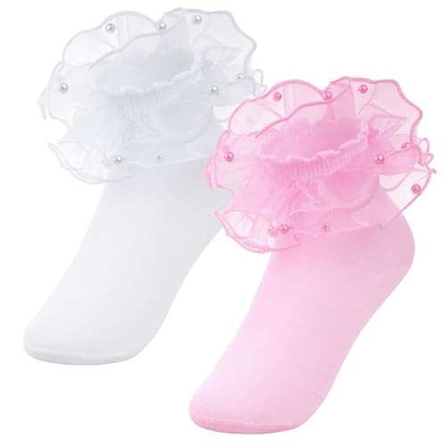 Girls Ruffle Lace Socks Pearls Frilly Ruffled Socks,Pink White,8-10years | Amazon (US)