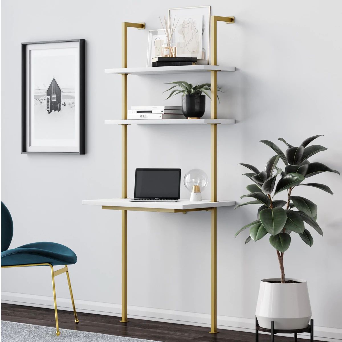 Theo Gold Desk | 2-Shelf | Gold Finish | Nathan James