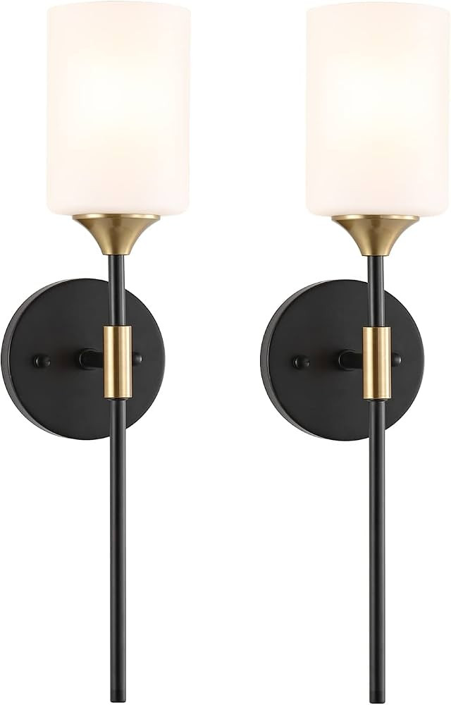 Industrial Mid Century Wall Sconce Set of 2 with White Cylinder Glass Shades Modern Bathroom Vani... | Amazon (US)